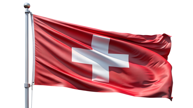 The national flag of switzerland, a red flag with a white cross, isolated on transparent background