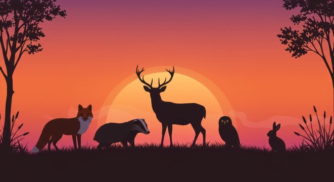 Silhouetted animals at dusk, forest edge scene, scenic panorama - Powered by Adobe