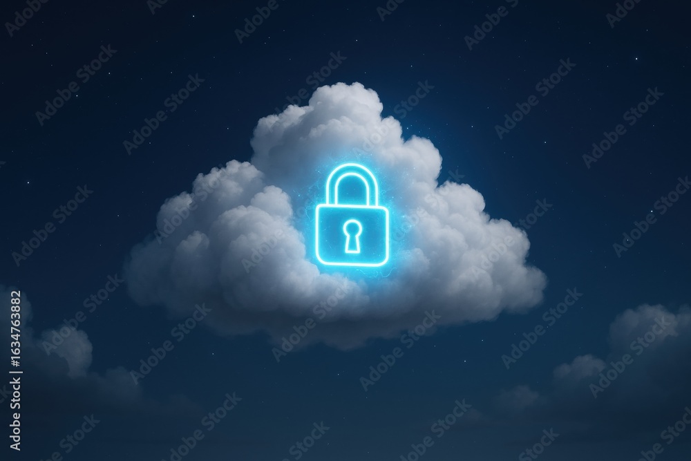 Poster secure cloud data: illuminated padlock symbol against a soft, fluffy cloud, representing data securi