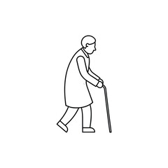 Elderly man walking with a cane isolated on a white background