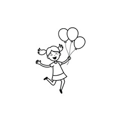 Happy girl jumping with balloons isolated on a white background