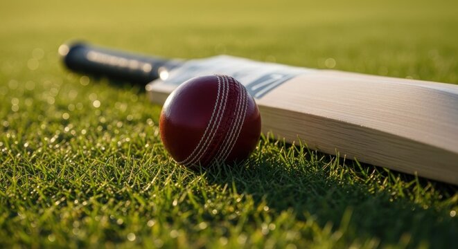 Cricket bat and ball on a grassy field.  Close-up view of a red cricket ball resting beside a wooden cricket bat on a vibrant green field.  Sunlight highlights the scene