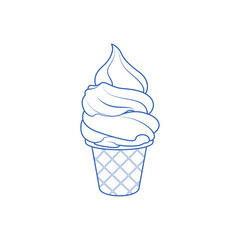 Blue line drawing of soft serve ice cream in a waffle cone. Fun summer-themed vector for kids, coloring pages, or food design projects.