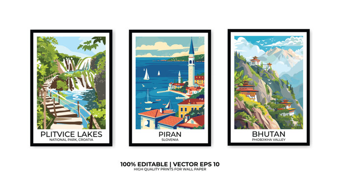 Set of 3 Vintage travel posters, Vintage travel illustrations, Vector colorful illustrations. Trendy printable wall art with beautiful landscapes.