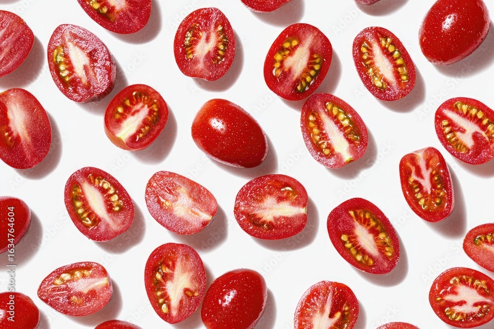 Poster halved cherry tomatoes arranged in a diagonal pattern against a bright white background, showcasing 
