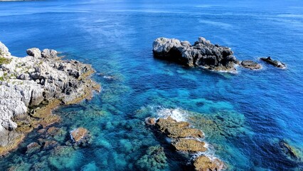 aerial view of rocky coastline