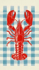 Minimalist poster with a red lobster on a checkered background. Perfect for postcards, kitchen decor or coastal-style prints