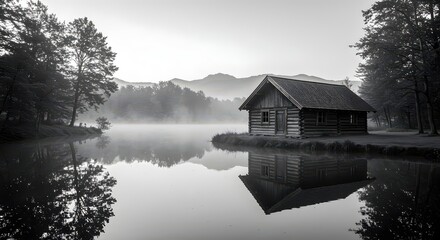 Tranquil Log Cabin Reflected in a Misty Black and White Lake, Evoking Digital Detox and Slow Living