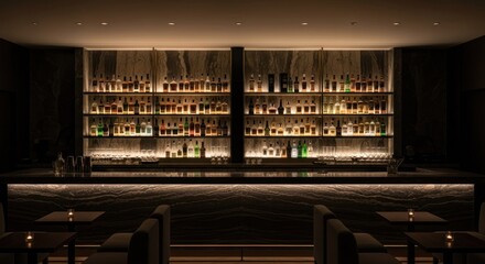 Dark, modern bar with extensive liquor shelves