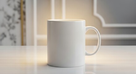 Obraz premium Elegant white ceramic mug sitting on a bright white table with warm inviting light.
