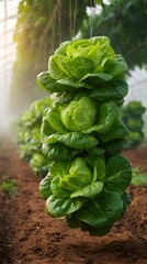 A bunch of green lettuce is hanging from a plant