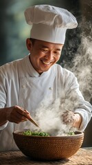 A chef is cooking food in a pot