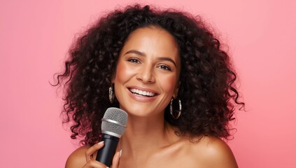 A Beautiful Woman With Curly Hair Sings Into A Microphone With A Smile