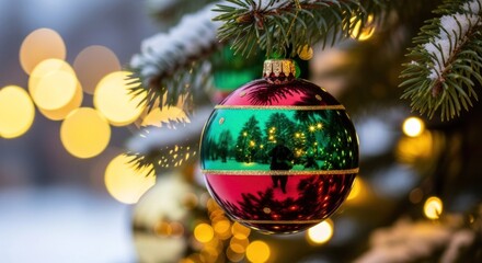 Festive Christmas ornament hanging from snowy pine branch.  Blurred lights in background