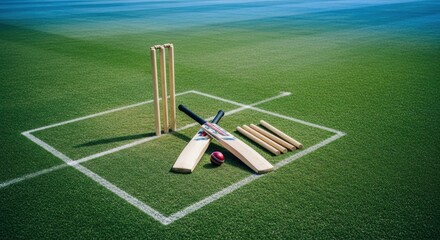 Cricket equipment on a green field