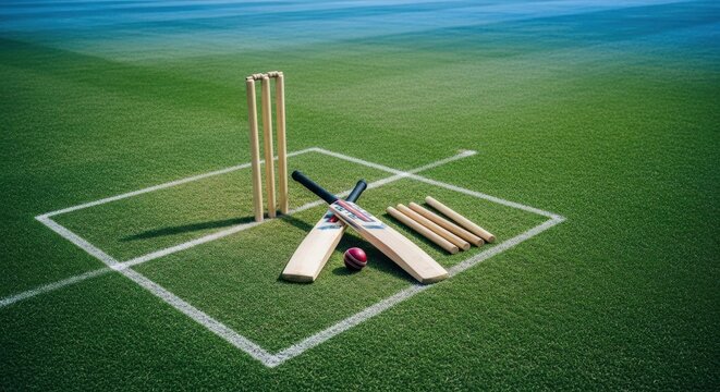 Cricket equipment on a green field