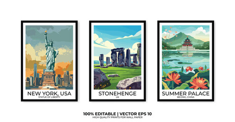 Set of 3 Vintage travel posters, Vintage travel illustrations, Vector colorful illustrations. Trendy printable wall art with beautiful landscapes.