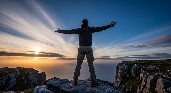 Man standing on top of mountain with arms outstretched at sunset