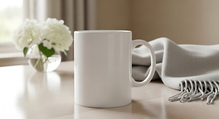Obraz premium A plain white mug sits on a table next to a cozy blanket and white flowers.