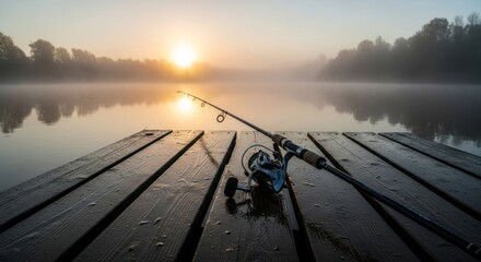 Fishing rod and reel on a wooden dock at sunrise. Misty morning