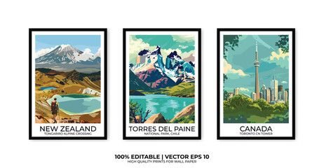 Set of 3 Vintage travel posters, Vintage travel illustrations, Vector colorful illustrations. Trendy printable wall art with beautiful landscapes.