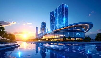 Fototapeta premium Futuristic cityscape at sunset, reflecting in a calm body of water