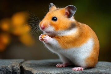 Hamster delights in a crunchy snack in a sunlit garden setting during a tranquil afternoon