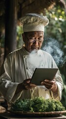 A man in a chef's hat is holding a tablet and looking at it