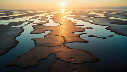 Aerial sunset view of tidal flats revealing intricate water patterns and reflections