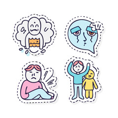 Sticker pack, set. Depression, apathy, sadness, psychotherapy, mental health, burnout. Vector icons or illustrations with strokes in doodle outline cartoon ... See More