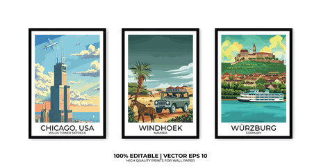 Set of 3 Vintage travel posters, Vintage travel illustrations, Vector colorful illustrations. Trendy printable wall art with beautiful landscapes.
