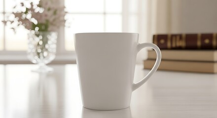 A simple white mug sits on a bright desk in front of a blurred vase and books.