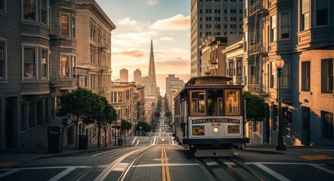Golden hour cable car ascends a San Francisco hill - Powered by Adobe
