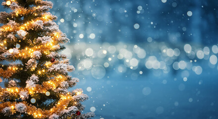 4.	Christmas winter blurred background. Xmas tree with snow decorated with garland lights, holiday festive background. Widescreen backdrop. New year Winter art design, wide screen holiday border chris