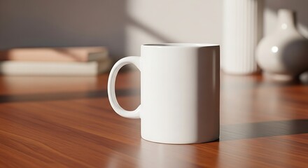 Fototapeta premium Simple white mug sitting on a wooden surface in a calm, sunlit, minimalist setting.