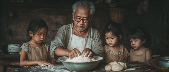 A man is making bread with four children