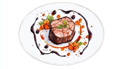 A beautifully plated gourmet dish featuring tender meat, vibrant vegetables, and artistic sauce design.