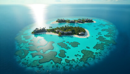 Fototapeta premium Aerial view of luxurious island resorts in turquoise waters of the Maldives