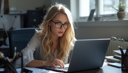 Young blonde woman wearing glasses intently working on a laptop in an office setting