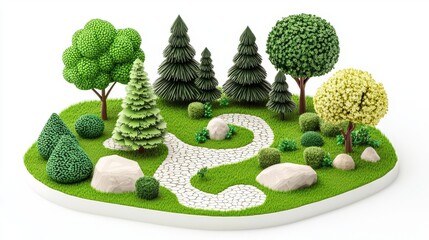 A miniature garden scene featuring various trees, bushes, and stones in a vibrant green setting.