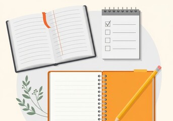 Flat illustration of an open notebook and a todo list with a pencil and plant, suggesting study, planning, or creative work