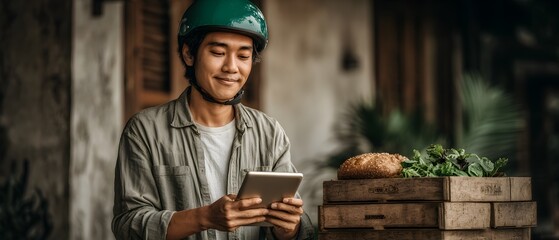 A man wearing a green helmet is looking at a tablet