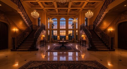 Obraz premium Grand entry hall with double staircase and large windows, showcasing a magnificent interior design