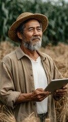 A man wearing a straw hat and holding a tablet