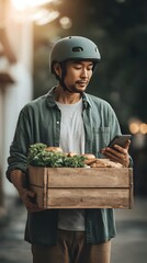 A man wearing a helmet is holding a wooden crate with a phone in it