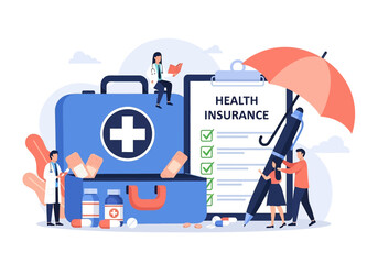 A health insurance illustration with doctors, a first aid kit overflowing with medical supplies, and a checklist under an umbrella, signifying comprehensive healthcare coverage