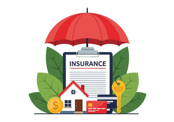 Insurance concept graphic with a house and financial assets protected under a giant umbrella. A policy document reinforces the themes of security and financial planning