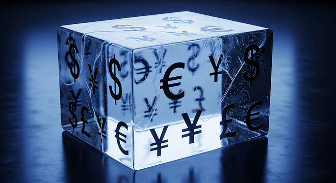 Global financial symbols are embedded within a cracking translucent block, reflecting economic uncertainty.