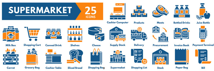Supermarket icon set. with icons of supermarket, shopping list, stock, paper bag, bill, cashier computer, products, meats, bottled drinks, juice bottle, milk box, shopping cart, canned drink, shelves 