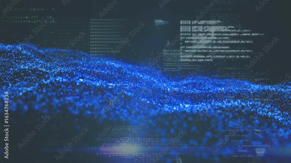 Poster camera hovering above blue data wave, floating code panels drifting, light beam descending for demo